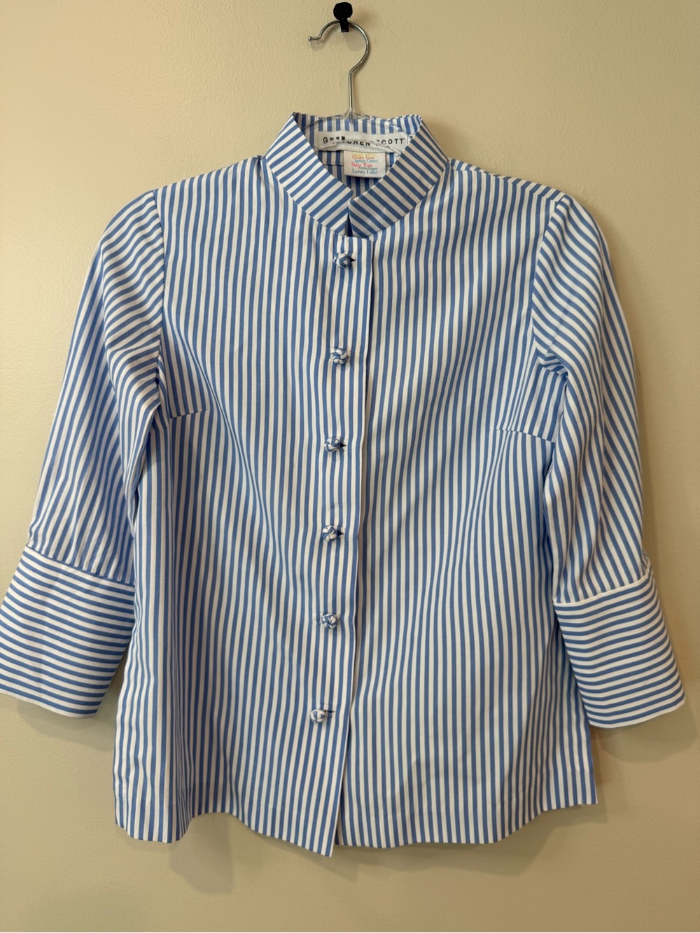 Gretchen Scott Designs "Forget Me Knot" Mandarin Collar Striped Blouse